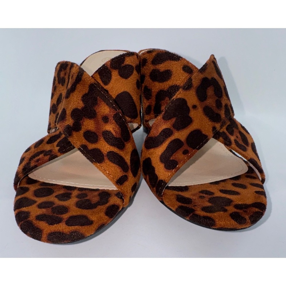 Allegra K Crisscross Strap Block 7.5 mule Heel Slide Sandal leopard Y2K Coquette - Picture 3 of 10